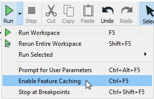 Disabling feature caching using the Run menu